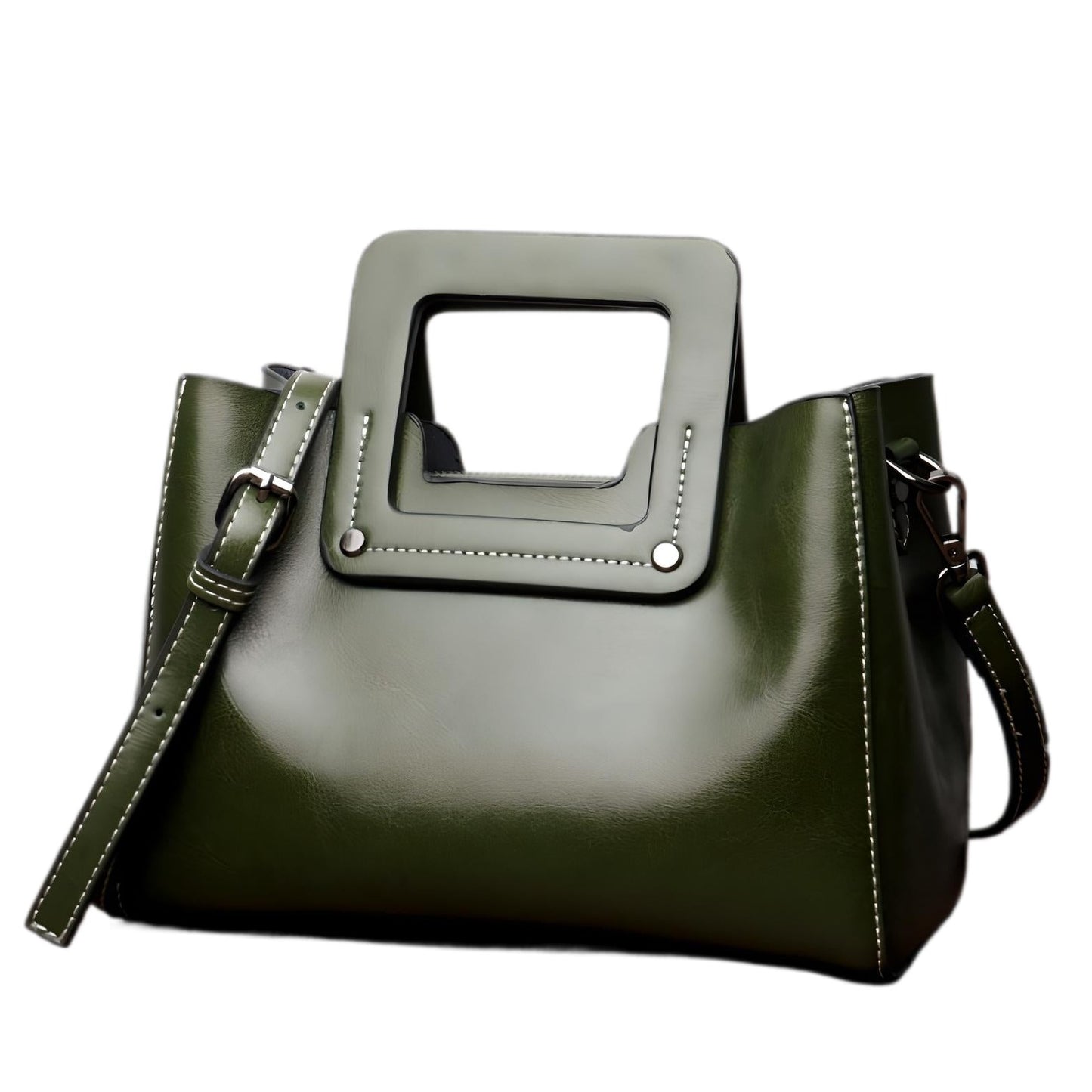 Quatrefoil Charm Satchel|Waxed Cowhide Leather|Medium Bucket Bag-Material:Waxed Cowhide Leather