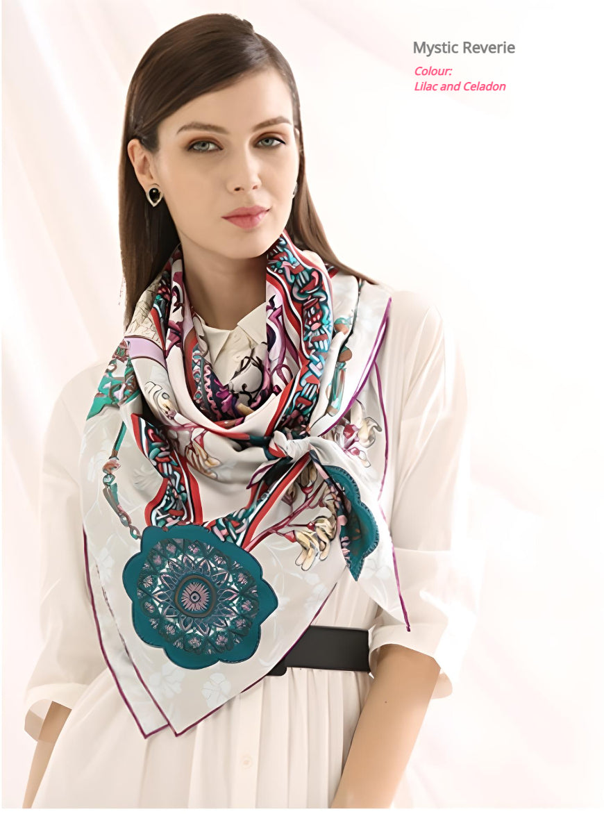 Mystical Reverie|Mandala Silk Scarf| 100% Silk Twill Fabric|135cm x 135cm - Jin's Finds