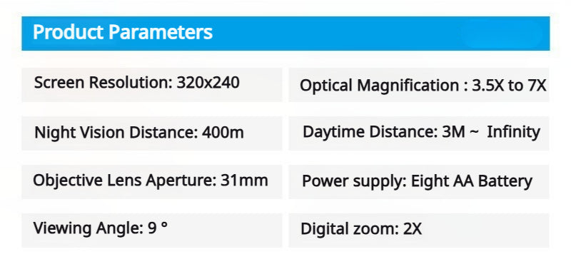 Wisdom View|Infrared Night Vision Binocular|Day and Night Use|magnification 3.5X to 7X
Product Parameters
210mm*145mm*65mm
Magnification
3.5X —MAX 7X
Place of Origin
China
Warranty
2 years
Weight
750g (without battery)
External Power Supply
DC 5V/1A
Digital Zoom
2 steps magnification, Max 2X
Angle Of View
9°
Objective Aperture
31mm
Exit Pupil Distance
30mm
F# for Objective lens
1.2
Video Output
320x240 resolution TFT LCD
Micro SD Card
Support SDHC 4GB~32GB SD Card