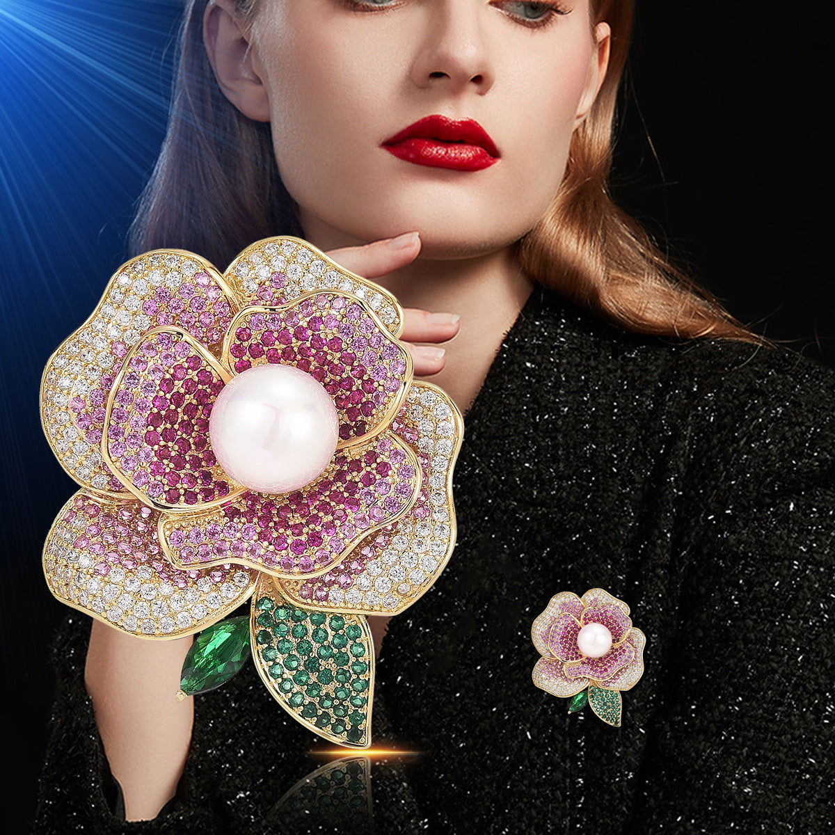Camellia Floer Brooch-Shell Pearl and CZ Gemstones
