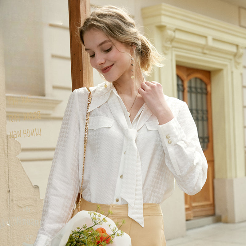 Pure Silk Shirt|Jacquard 100% Silk Sangbo Satin Fabric | V-Neckline with Ribbon Ties - Jin's Finds