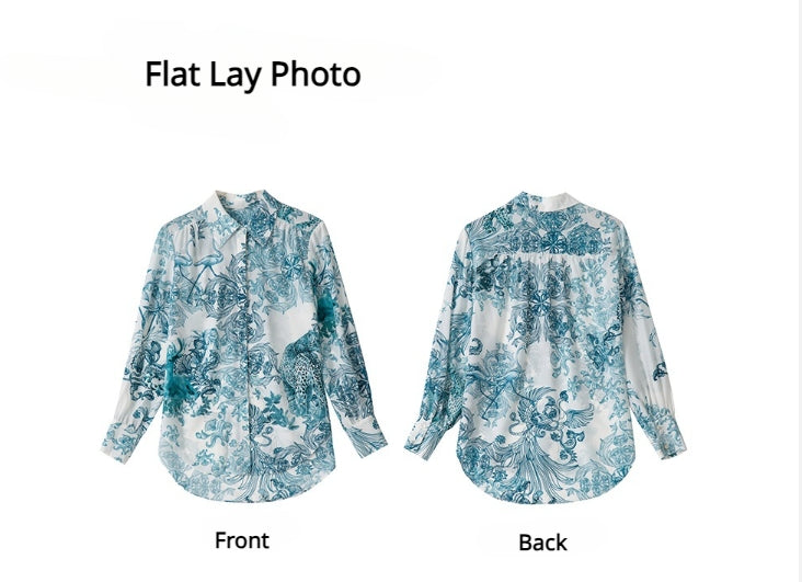 100% Crepe de Chine Silk Shirt| Vintage Print Design| Clean and Streamlined Look - Jin's Finds