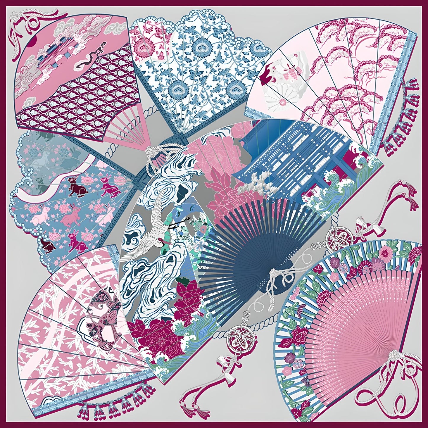 Whimsical Wonder|Silk Scarf|100% Silk Twll| 132cm X 132cm|Chinoiserie Style - Jin's Finds