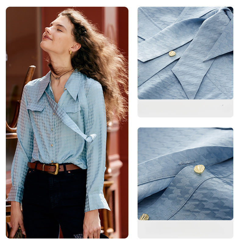 Whimsy Blue Colour Shirt|Jacquard 100% Silk Sangbo Satin Fabric | V-Neckline with Ribbon Ties - Jin's Finds