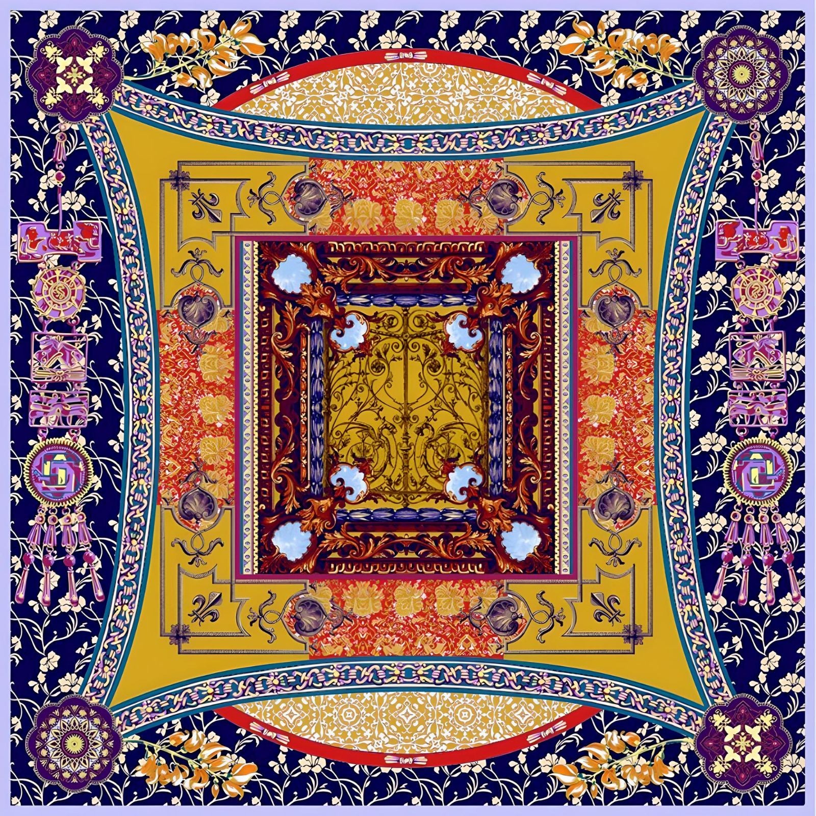 Mystical Reverie|Mandala Silk Scarf| 100% Silk Twill Fabric|135cm x 135cm - Jin's Finds