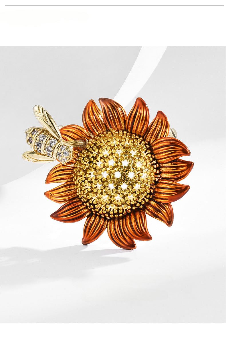 Sunflower and Bee Brooch - CZ Gemstones