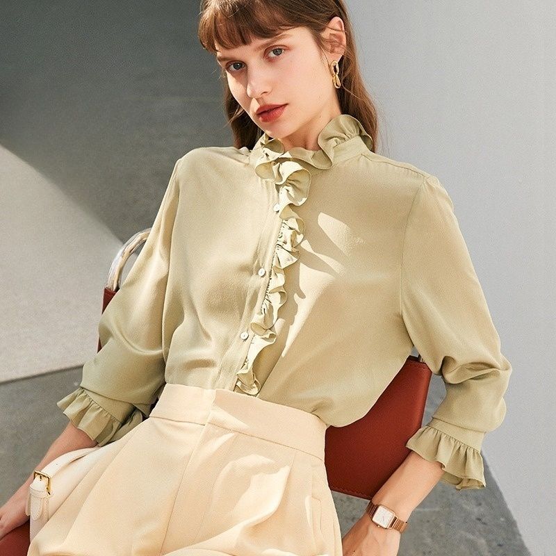 Crepe de Chine Silk Shirt | Peppermint Green Colour | Flounce Collar and Pleated Cuffs - Jin's Finds