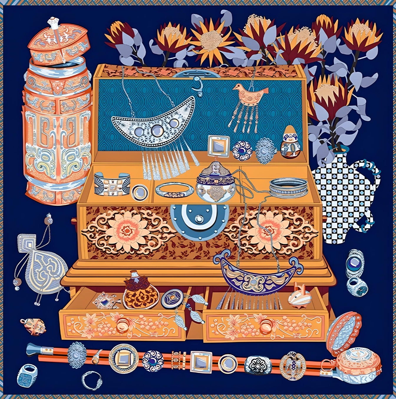 Dazzling Diva Drawer|106cmx106cm|Chinoiserie Style Silk Scarf|100% Silk Twill - Jin's Finds