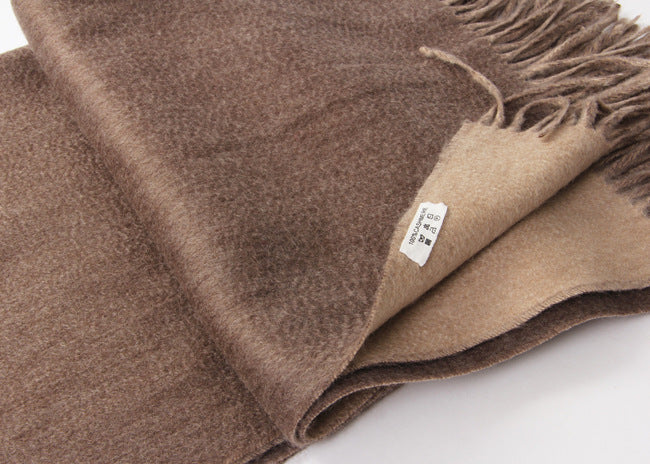 Cocoa-Beige Colours- Double Sided Scarf-100% Cashmere -This remarkable feature is achieved through a meticulous weaving process that employs 20-count single yarn pure cashmere. Each strand is carefully interwoven to ensure the colors remain vibrant and separate, preventing any bleed-through that diminishes quality.