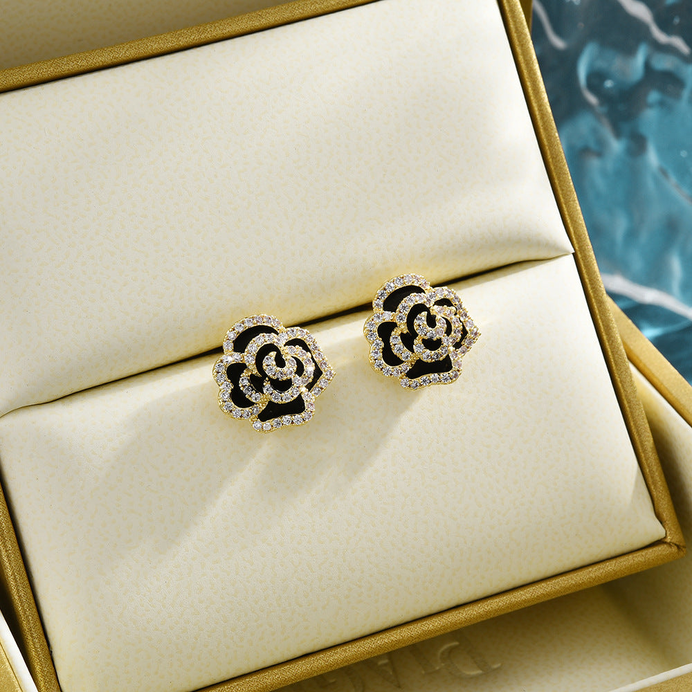 Camellia Flower Stud Eearrings adorned with CZ gemstones