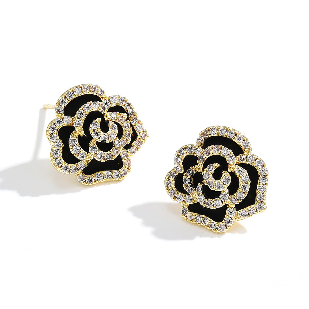 Camellia Flower Stud Eearrings adorned with CZ gemstones