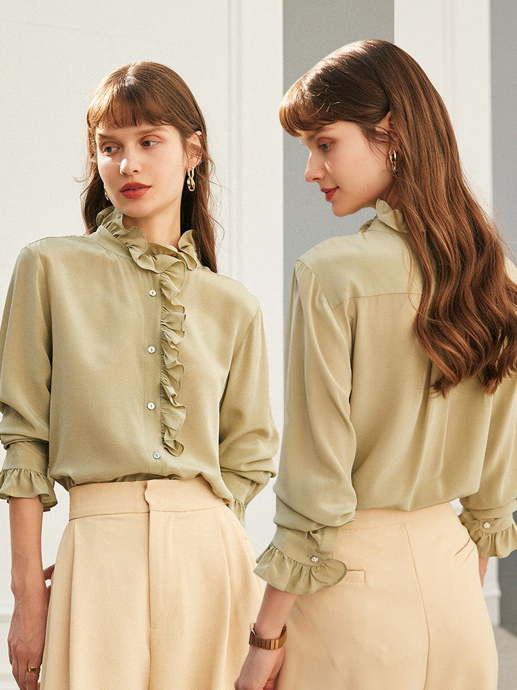 Crepe de Chine Silk Shirt | Peppermint Green Colour | Flounce Collar and Pleated Cuffs - Jin's Finds