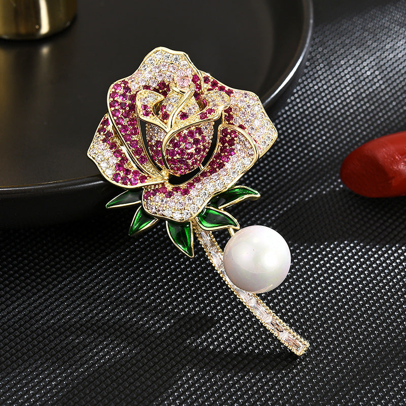 Rose Brooch-CZ gemstones and freshwater Pearl-Purple