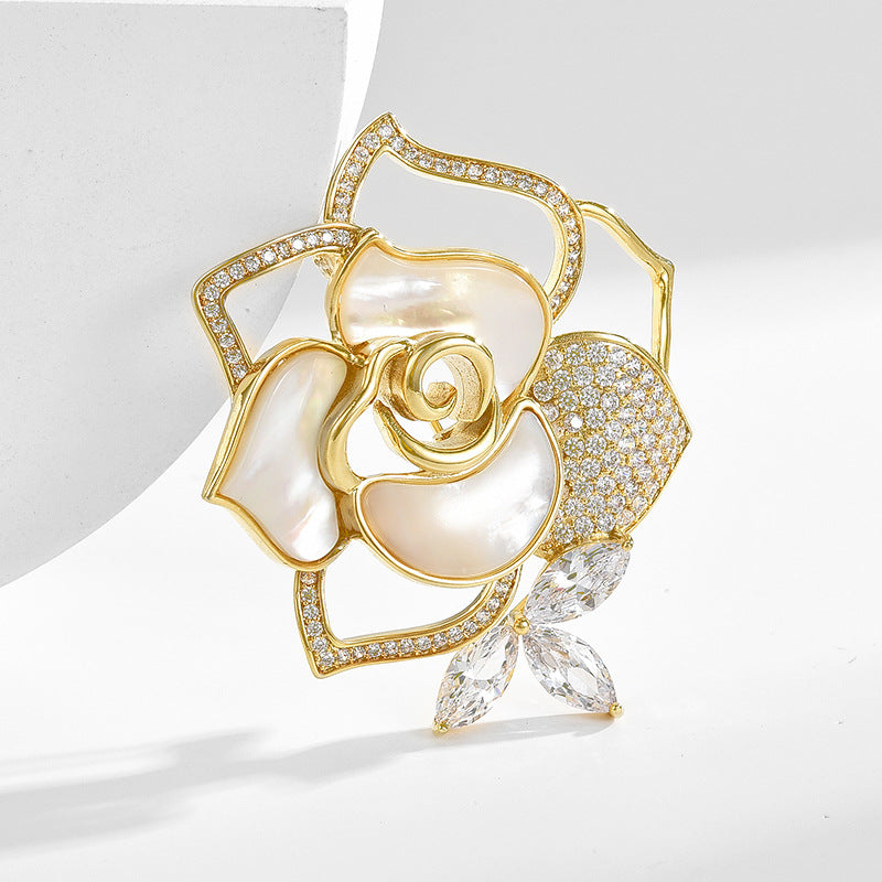 Camellia Brooch- Hollow-out Design-adorned with Nacre and CZ gemstones