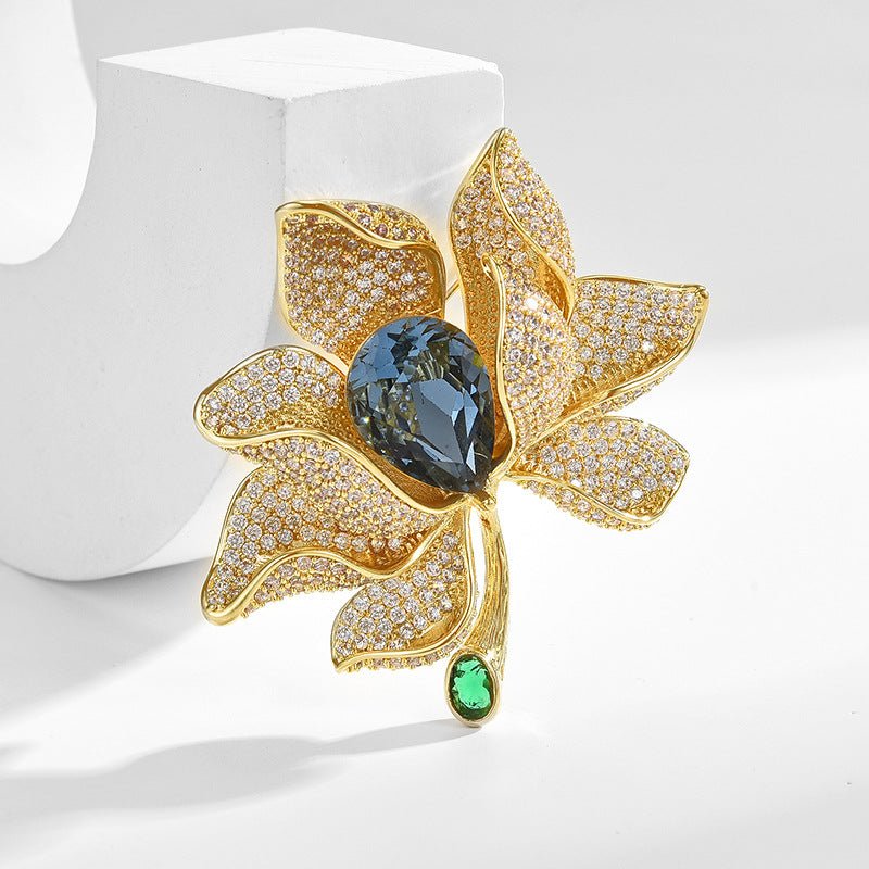 Blue Gemstone Brooch - Flower Design