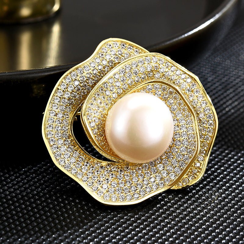 Camellia Flower Brooch-Freshwater Pearl and CZ Gemstones micro-inlaid