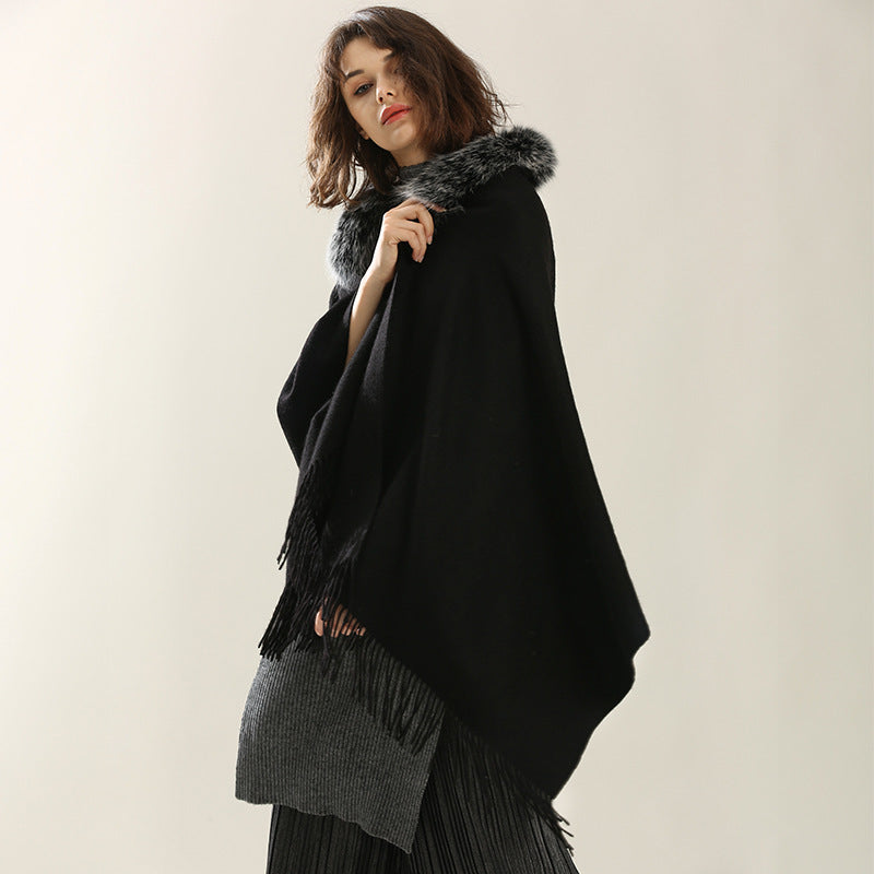 Nordic Grace Cape|100% Cashmere Shawl with Fox Fur Collar|The Pinnacle of Warmth and Elegance