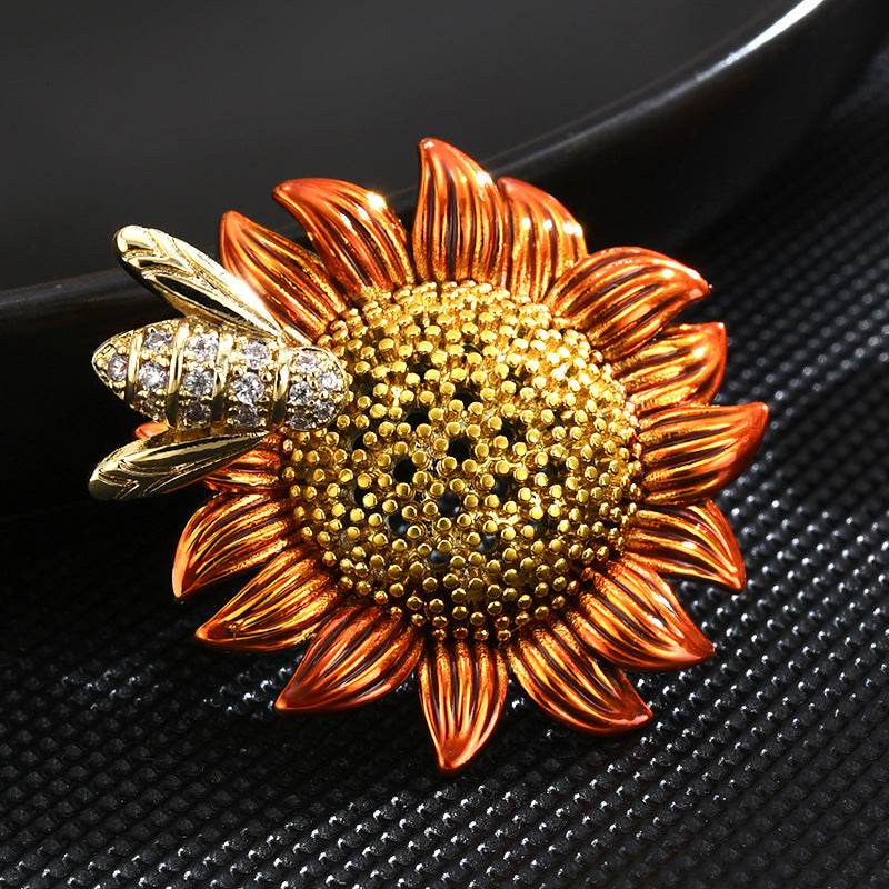 Sunflower and Bee Brooch - CZ Gemstones