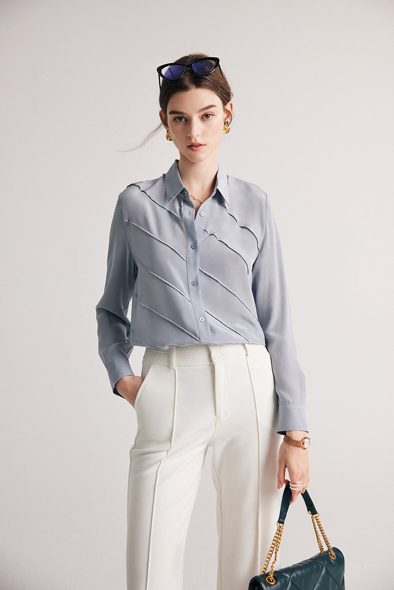 Perfect Silk Shirt for Office Wear | Diagonal Pleating Pattern| 100% Crepe de Chine Silk - Jin's Finds