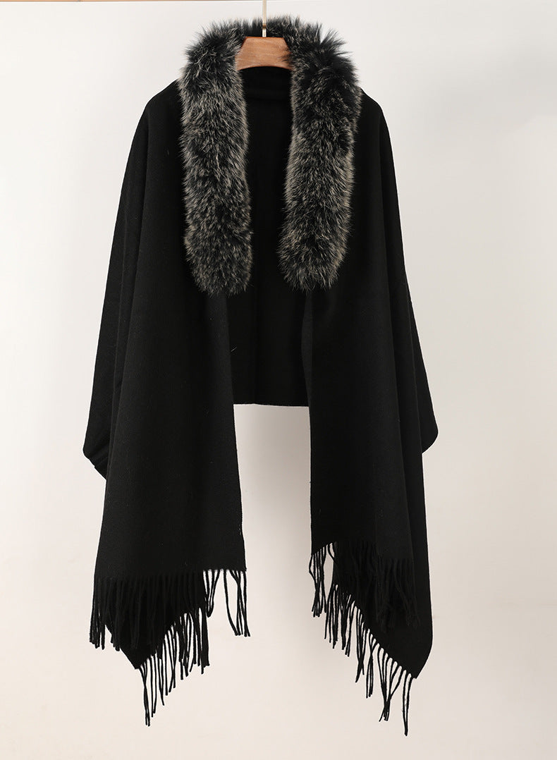 Nordic Grace Cape|100% Cashmere Shawl with Fox Fur Collar|The Pinnacle of Warmth and Elegance