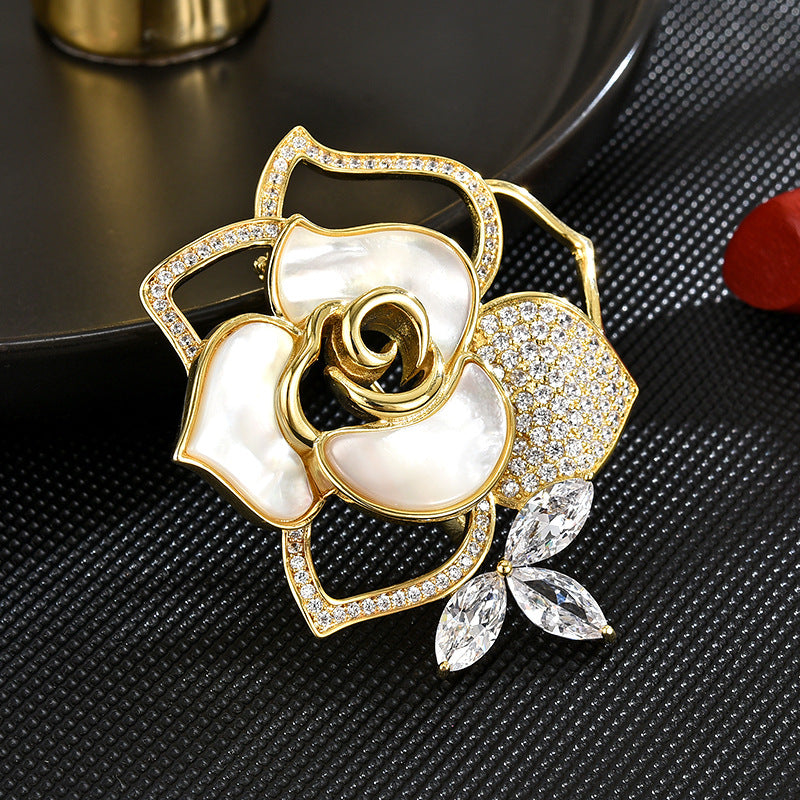 Camellia Brooch- Hollow-out Design-adorned with Nacre and CZ gemstones