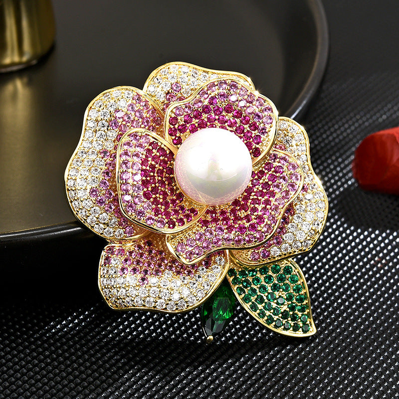 Camellia Flower Brooch-CZ Gemstone and Shell Pearl