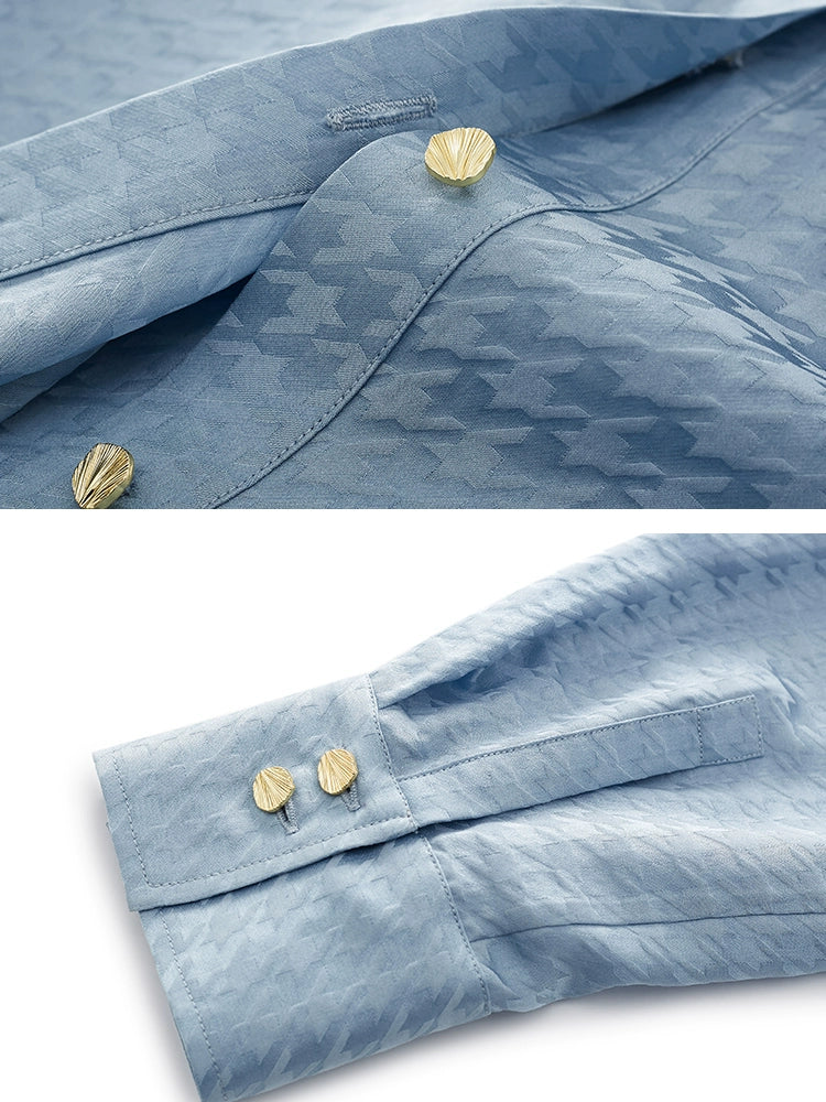 Whimsy Blue Colour Shirt|Jacquard 100% Silk Sangbo Satin Fabric | V-Neckline with Ribbon Ties - Jin's Finds