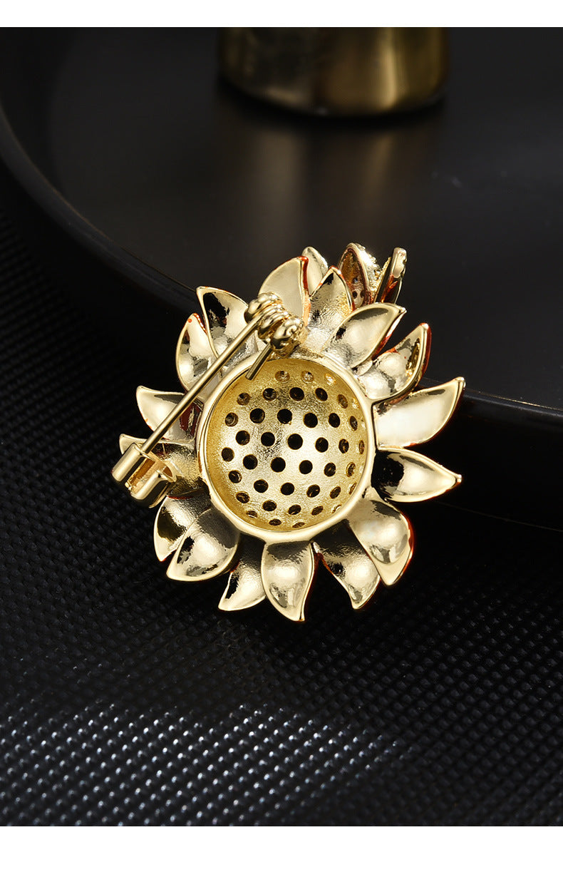 Sunflower and Bee Brooch - CZ Gemstones - 14K gold plating