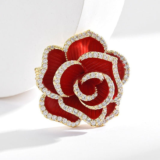 Red Camellia Brooch micro-inlaid with CZ Gemstones