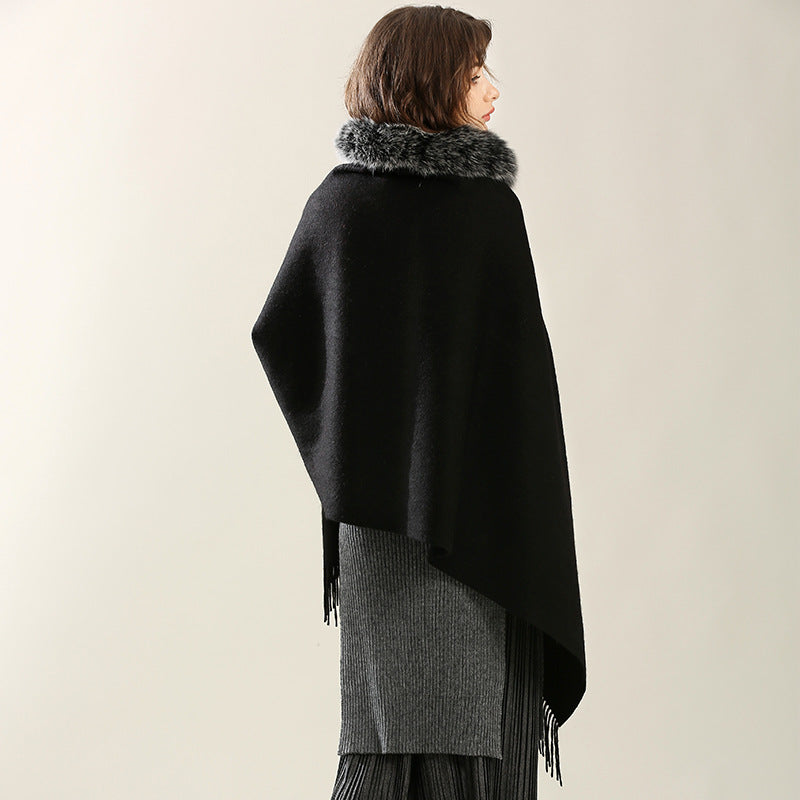 Nordic Grace Cape|100% Cashmere Shawl with Fox Fur Collar|The Pinnacle of Warmth and Elegance