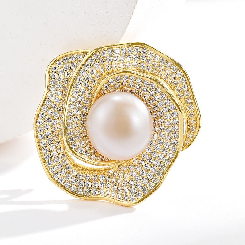 Camellia Flower Brooch-Freshwater Pearl and CZ Gemstones micro-inlaid