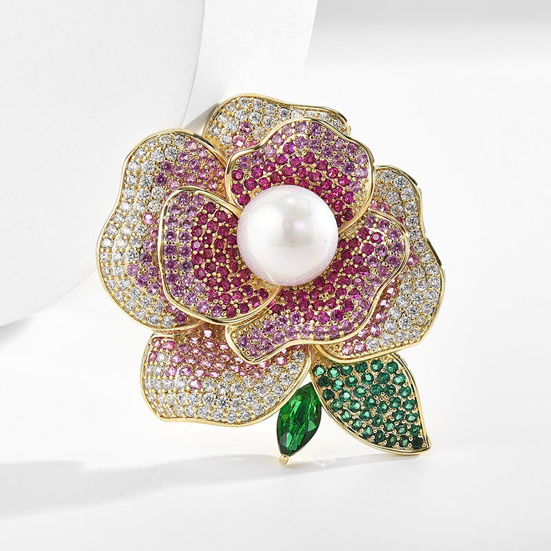 Camellia Floer Brooch-Shell Pearl and CZ Gemstones