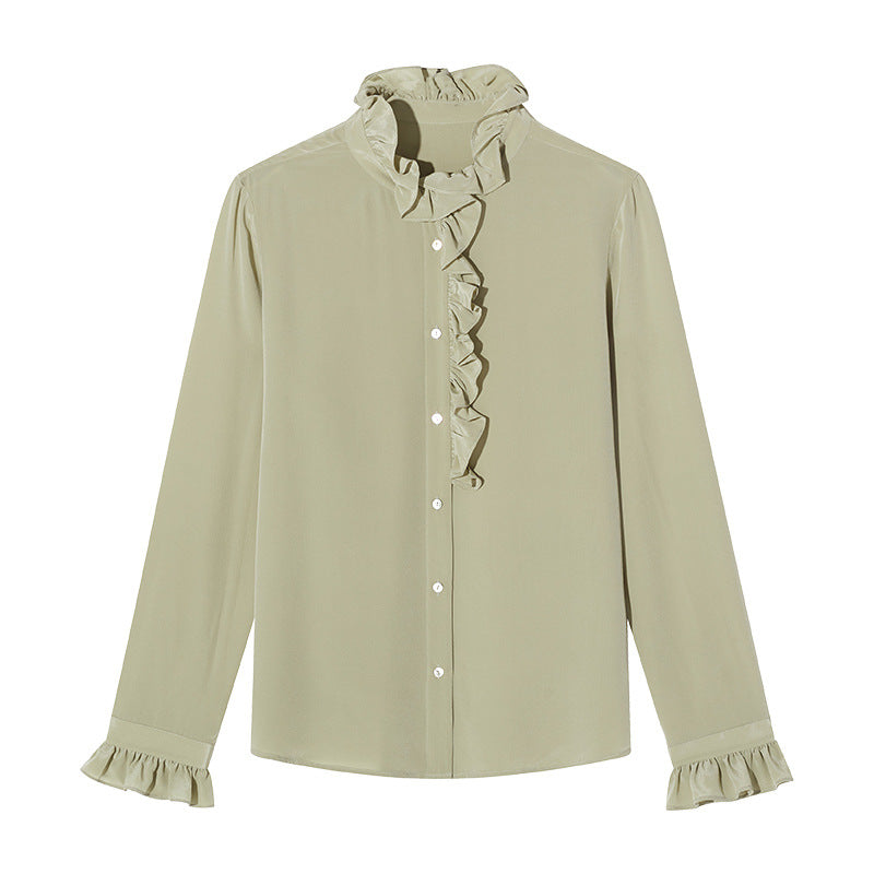 Crepe de Chine Silk Shirt | Peppermint Green Colour | Flounce Collar and Pleated Cuffs - Jin's Finds