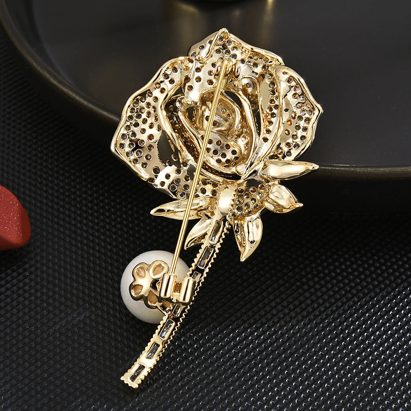 Rose Brooch-CZ gemstones and freshwater Pearl-14K glod plating