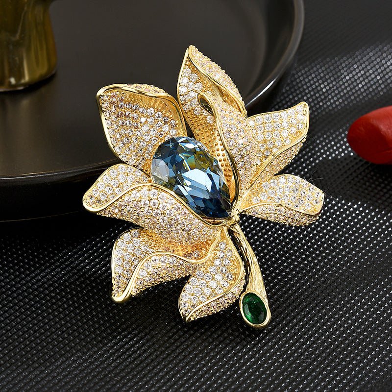 Blue Gemstone Brooch adorned wIth Cubic Zirconia