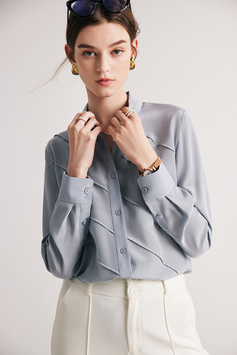 Perfect Silk Shirt for Office Wear | Diagonal Pleating Pattern| 100% Crepe de Chine Silk - Jin's Finds