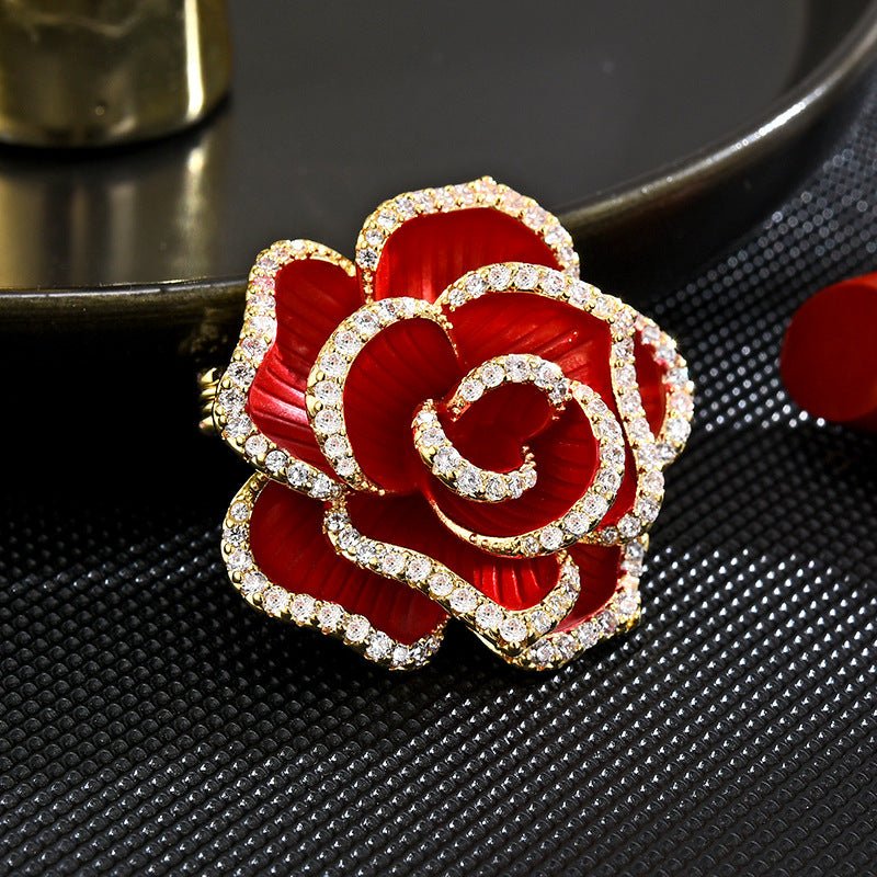 Red Camellia Brooch micro-inlaid with CZ Gemstones