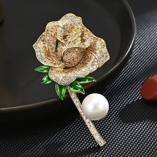 Rose Brooch-CZ gemstones and freshwater Pearl