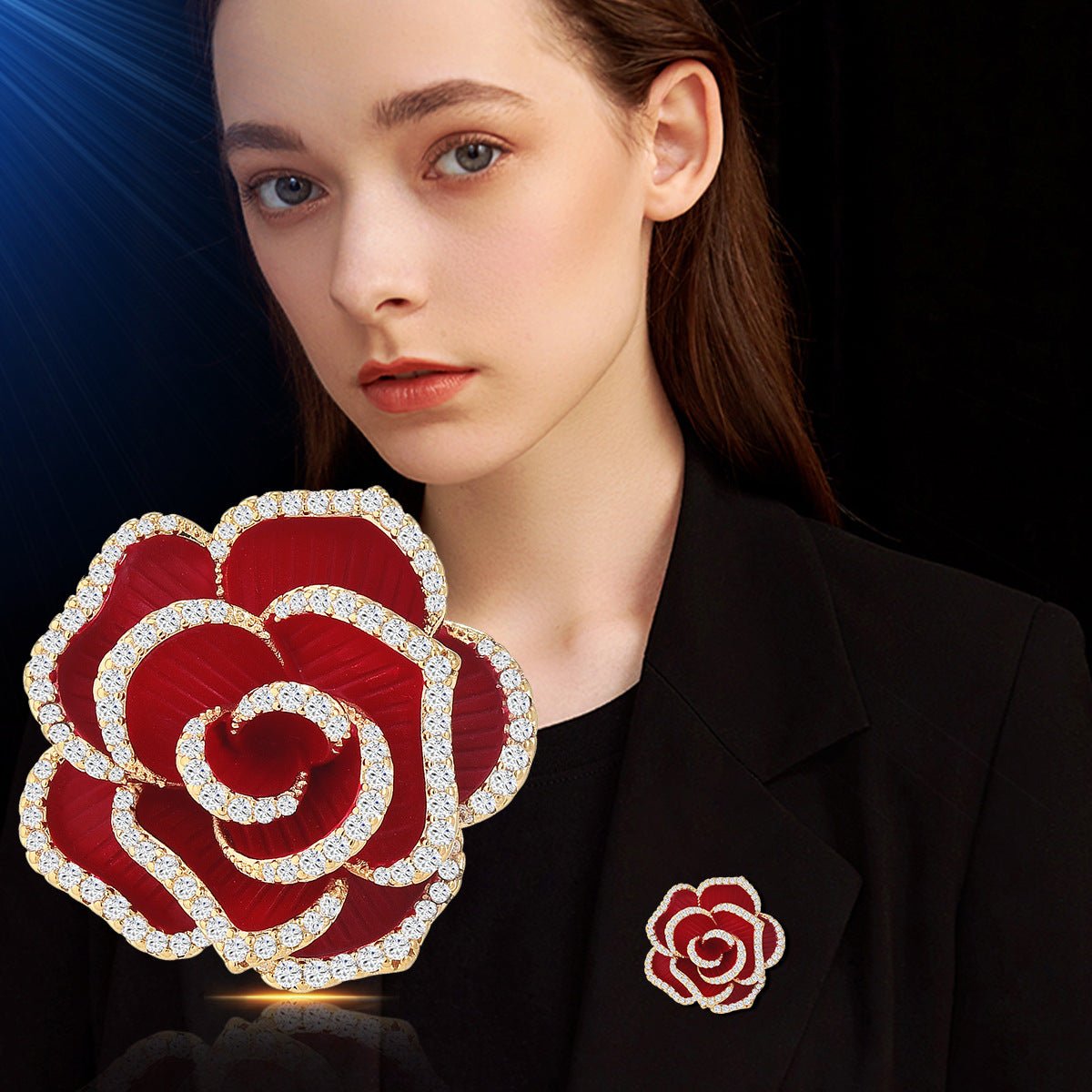 Red Camellia Brooch micro-inlaid with CZ Gemstones