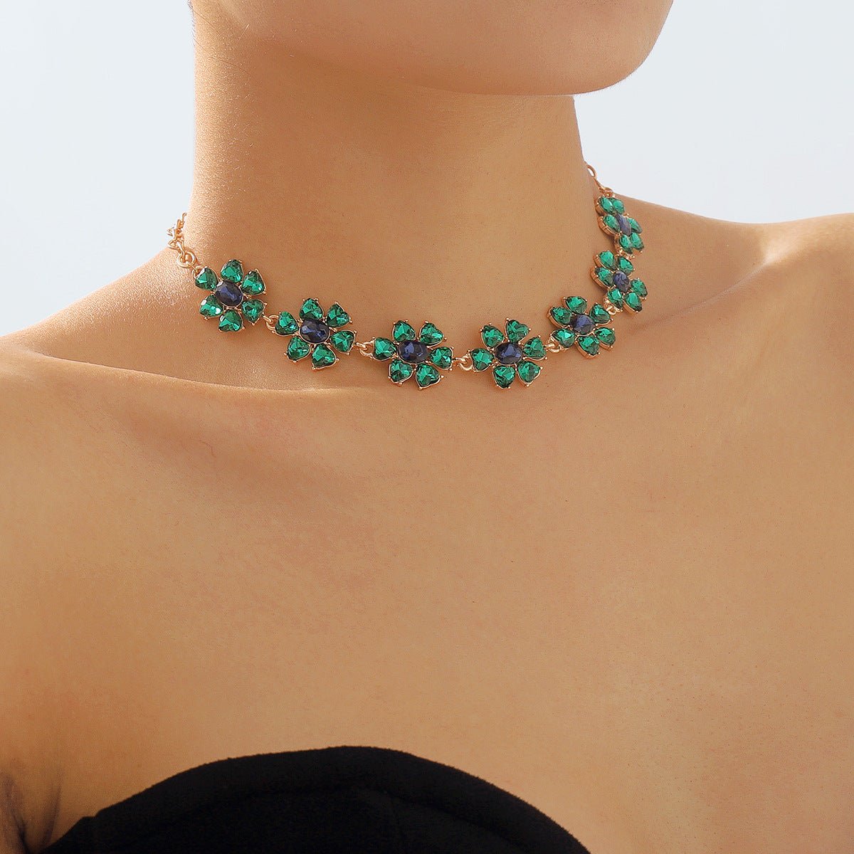 Floral Necklace -Emerald Green-Rhinestone