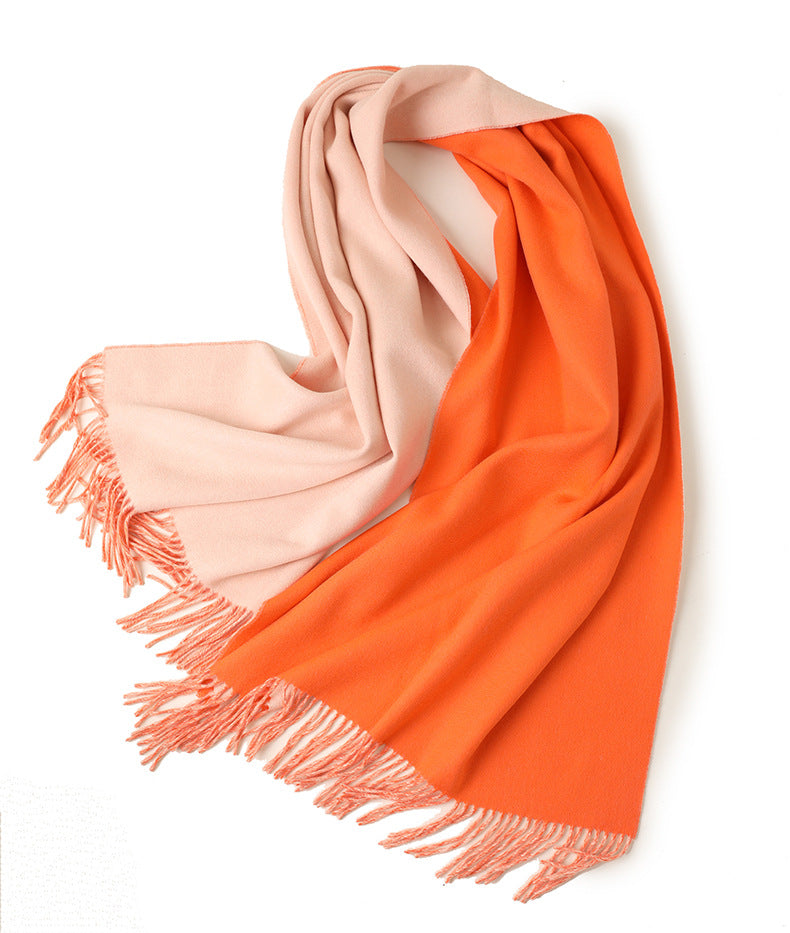 Opulent Cashmere Shawl|Double-Sided Hue|An Embrace of Elegance|100% Cashmere-Tangerine-Alabaster-Masterful Double-Sided Hue Innovation

Discover the allure of our authentic double-sided color design, a true testament to innovative craftsmanship. Unlike conventional shawls, our piece retains distinct hues—for example, a vibrant red on one side and a deep, rich wine red on the other. This remarkable feature is achieved through a meticulous weaving process that employs 20-count single yarn pure cashmere. 