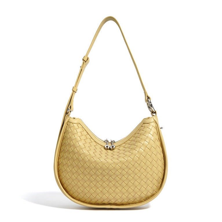 Woven Leather Bag-Cream Yellow Colour- Dual Zipper-Adjustable Strap