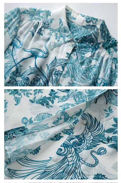 100% Crepe de Chine Silk Shirt| Vintage Print Design| Clean and Streamlined Look - Jin's Finds