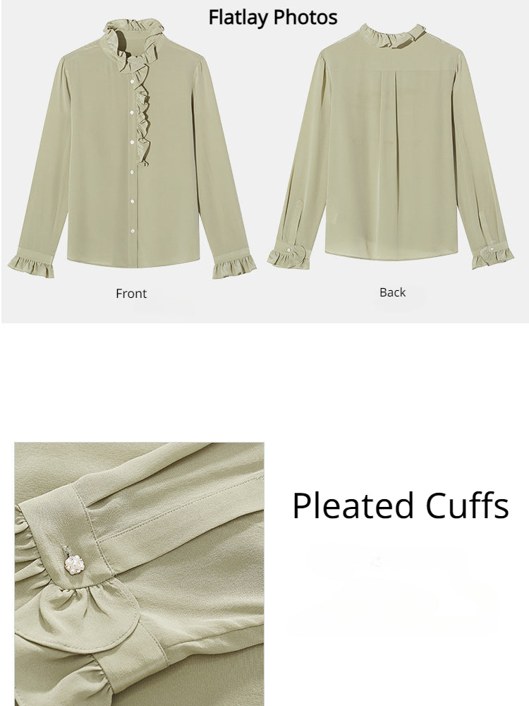 Crepe de Chine Silk Shirt | Peppermint Green Colour | Flounce Collar and Pleated Cuffs - Jin's Finds