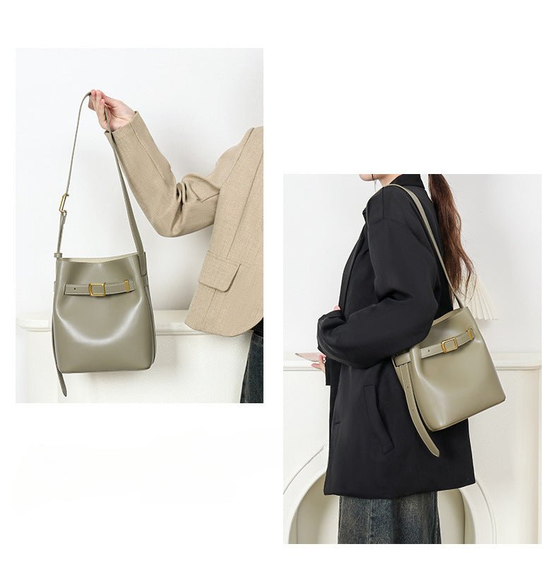 Tranquil Tone|Premium Cowhide Leather Bucket Bag|Streamlined Contours|Minimalist - Jin's Finds