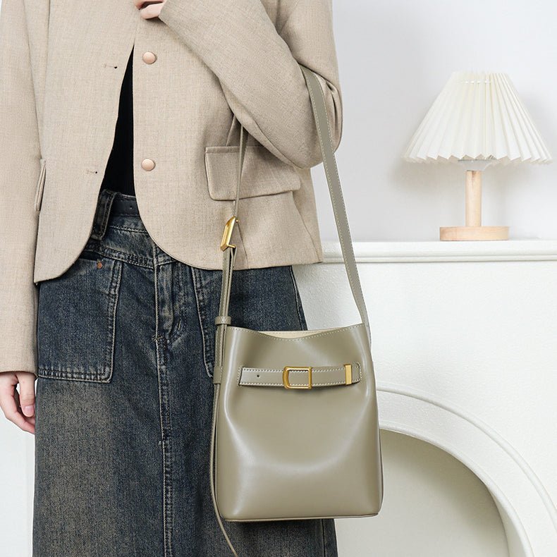 Tranquil Tone|Premium Cowhide Leather Bucket Bag|Streamlined Contours|Minimalist - Jin's Finds