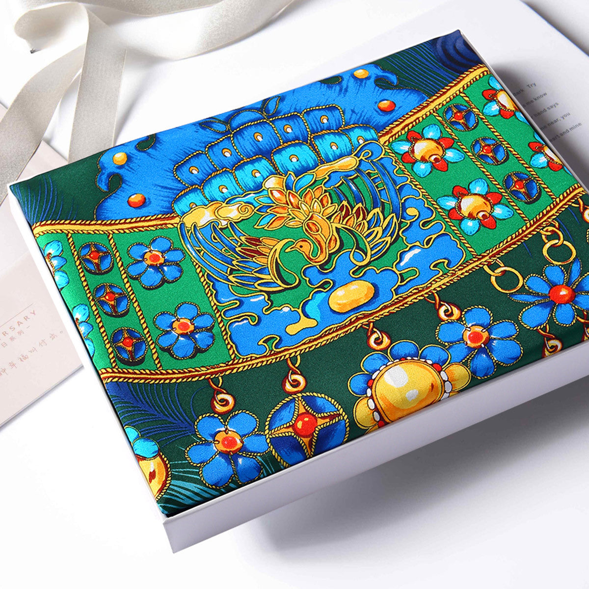 Oriental Azure Aria Silk Scarf|100% Silk Twill|Chinoiserie Style|Enduring Legacy of Dian Cui